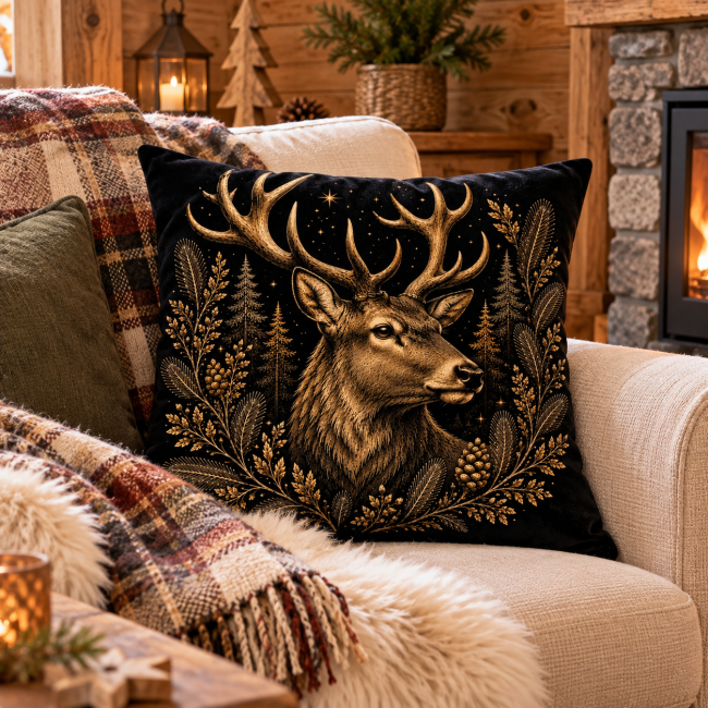 Housse de coussin Tête de cerf en velours 45x45 cm | Déco Montagne Housse de coussin tête de cerf en velours dans une décoration chalet montagne
