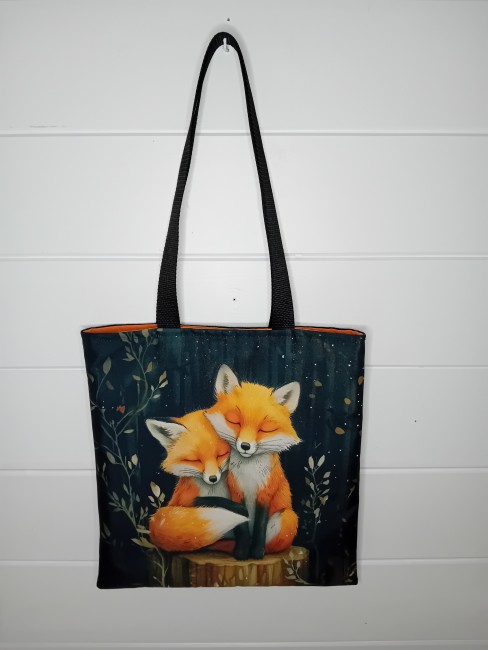 Tote bag artisanal « Renards complices » avec deux renards et anses noires