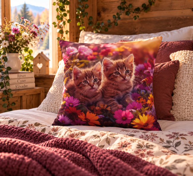 Housse Coussin Deux Chatons Velours 45x45 | Animaux Vosges Housse de coussin Deux chatons en velours 45x45 cm, mise en scène sur un lit dans une décoration douce et chaleureuse