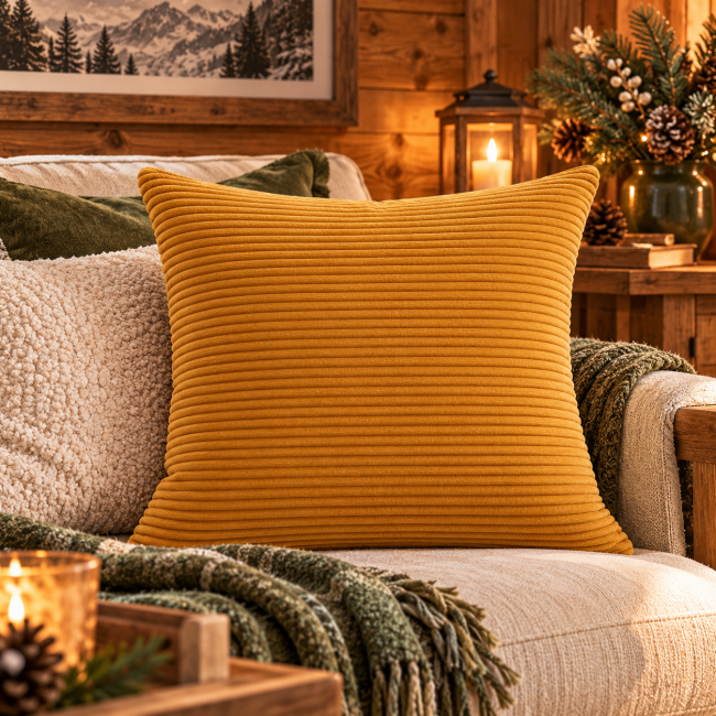 Housse de coussin ocre en velours côtelé (45x45 cm) | Déco Montagne Housse de coussin unie ocre en velours côtelé, associée à une décoration de canapé esprit chalet et montagne.