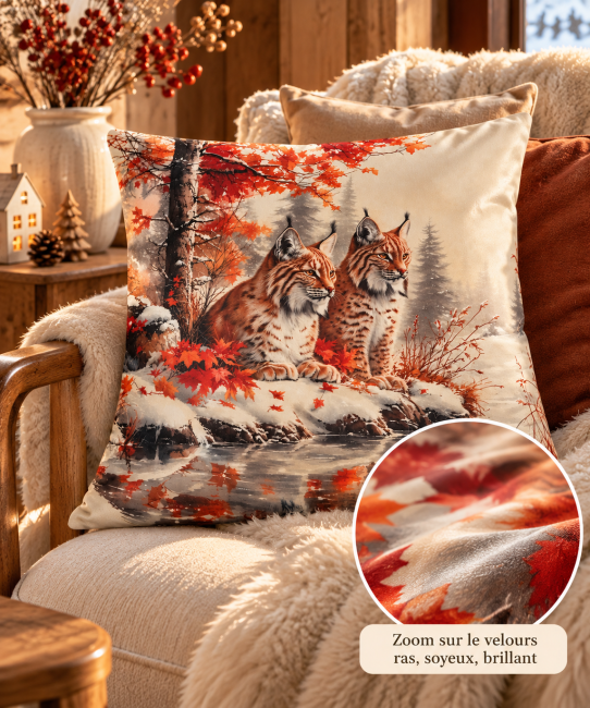 Housse de Coussin Lynx dans la Neige 45x45 cm | Déco Chalet et montagne Zoom sur le velours ras, soyeux et brillant de la housse de coussin Lynx dans la Neige, création fait main aux inspirations montagne et chalet.