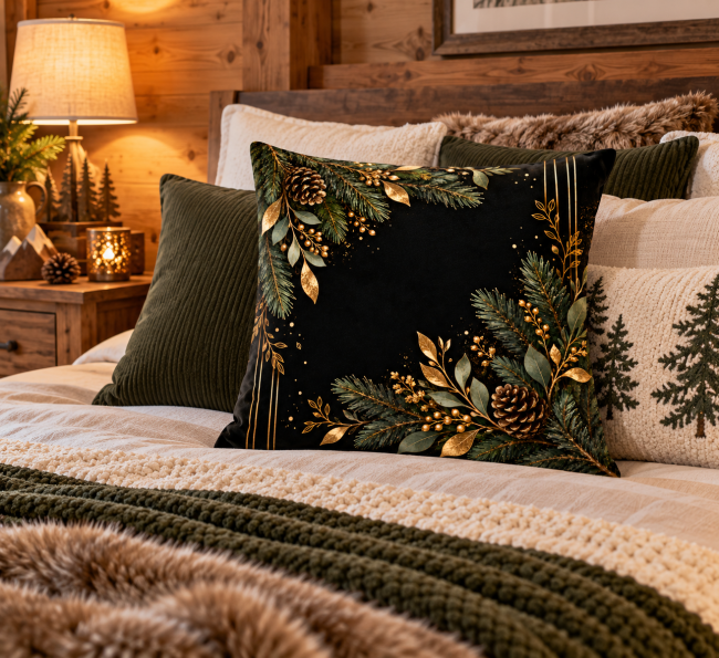 Housse de coussin Sapin et Or en velours noir (45x45 cm) | Déco Montagne Housse de coussin Sapin et Or en velours noir mise en scène sur un lit dans une chambre chaleureuse à la décoration chalet chic.