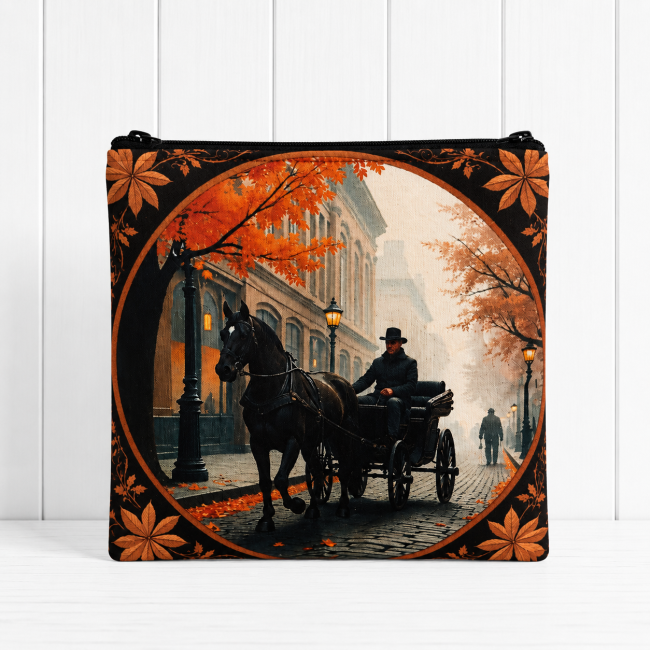 Trousse multi-usage motif calèche d'automne, en coton et velours côtelé terracotta, avec intérieur en coton moiré. Modèle unique confectionné dans les Vosges. Trousse multi-usage motif calèche et cheval aux couleurs d'automne, modèle unique confectionné dans les Vosges