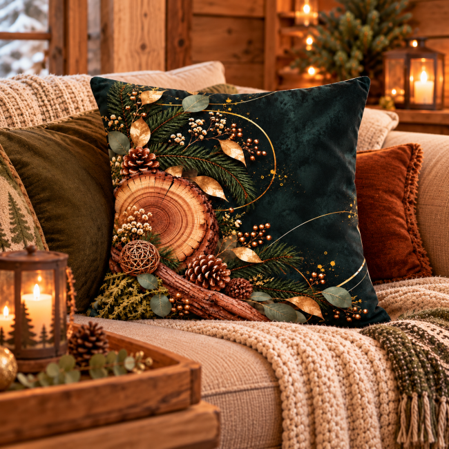 Housse de coussin Bois et Sapin en velours (45x45 cm) | Déco Montagne