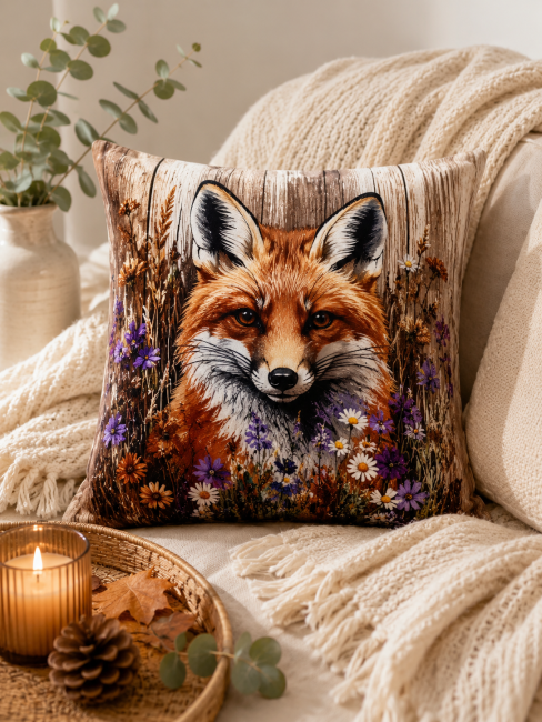 Housse de coussin Portrait de renard en velours imprimé 45 × 45 cm