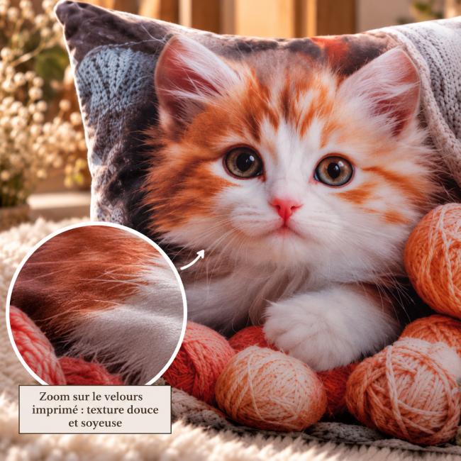 Zoom sur le velours imprimé de la housse de coussin Chaton et pelotes de laine 45x45 cm