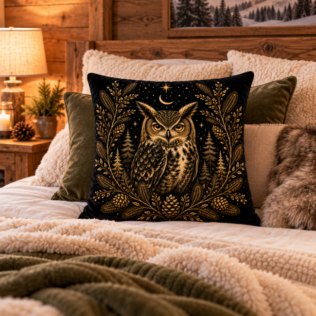 Housse de coussin Hibou de montagne en velours 45x45 cm | Déco Montagne Housse de coussin hibou de montagne en velours sur un lit dans une décoration montagne chalet