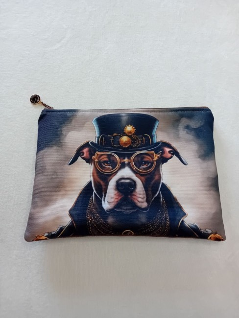 Trousse Steampunk avec chien en haut-de-forme, lunettes et motifs de rouages