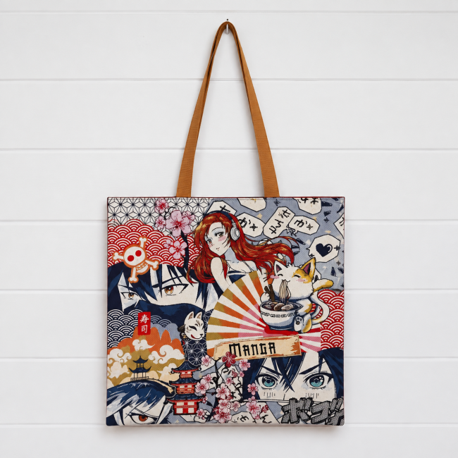 Tote bag Manga japonais en toile jacquard avec personnages et motifs japonais – Bonnes affaires | Les Cabas en folie