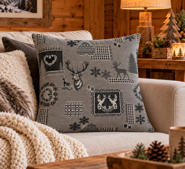 Housse de coussin montagne cerf et flocons gris 45x45 | Déco Chalet Housse de coussin montagne cerf et flocons gris sur fauteuil, décoration chalet cocooning