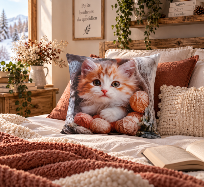 Housse de coussin Chaton et pelotes de laine en velours 45x45 cm, mise en scène sur un lit dans une décoration douce et chaleureuse