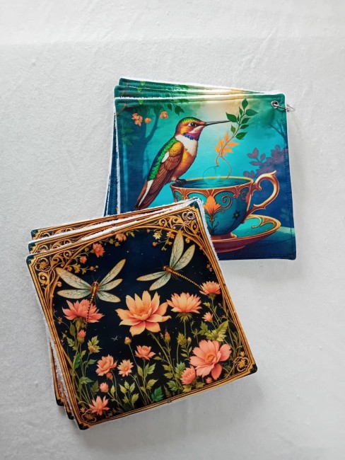 Lot de 6 essuie-tout lavables motif colibri coloré et tasse fleurie, en éponge bambou et coton imprimé