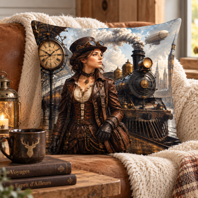 Housse de coussin Femme Steampunk en velours 45x45 cm | Steampunk Housse de coussin Femme Steampunk en velours 45x45 cm dans une décoration intérieure cocooning