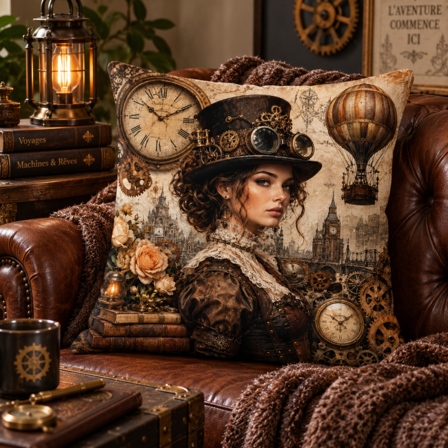 Housse de coussin Univers Steampunk en velours 45x45 cm dans une décoration rétro-futuriste