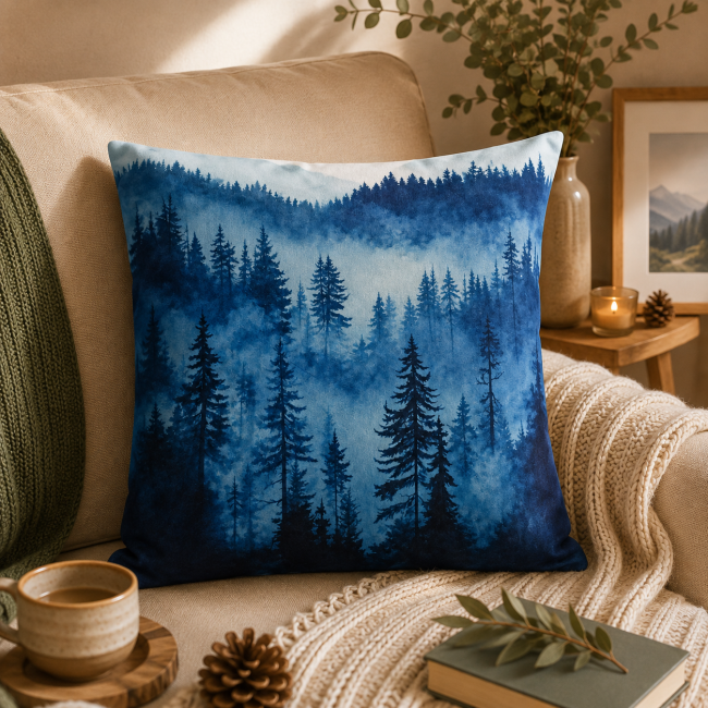 Housse de coussin foret dans la brume dans un salon ambiance chalet montagne