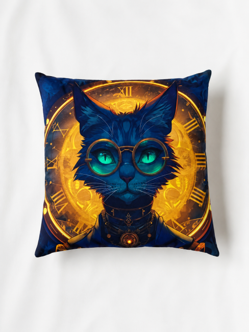 Housse de coussin Steampunk avec chat, lunettes et rouages