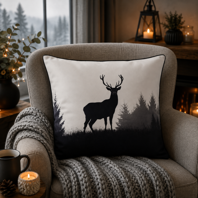 Housse de coussin Cerf noir et blanc en velours imprimé 45 × 45 cm