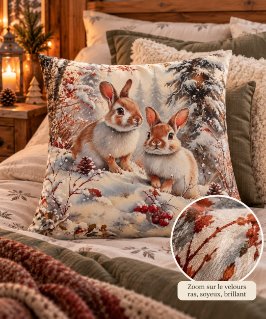 Housse Coussin Lapins de la Forêt Velours 45x45 | Déco Chalet & montagne Zoom sur le velours ras, soyeux et brillant de la housse de coussin Lapins de la Forêt, mettant en valeur les détails de l'impression.