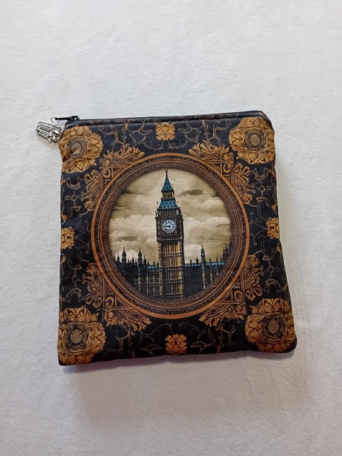 Trousse multi-usage motif Big Ben et décor floral vintage, modèle unique confectionné dans les Vosges