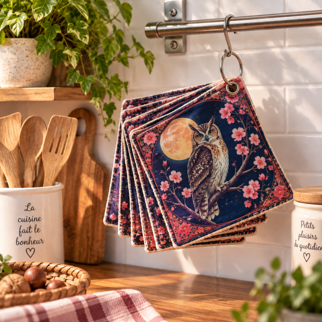 Lot de 6 essuie-tout lavables Hibou et fleurs de cerisier, suspendus dans une cuisine avec anneau ouvrable
