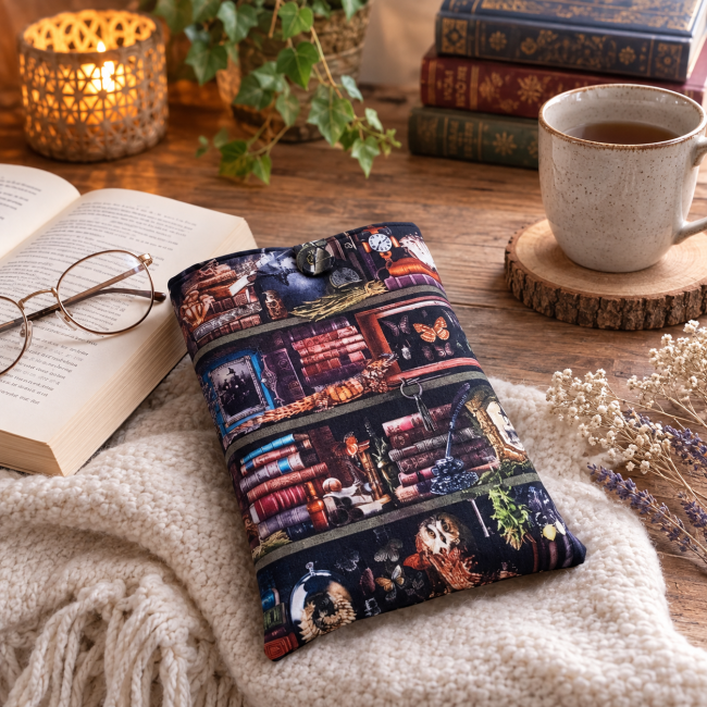 Pochette à livre La bibliothèque fantastique présentée dans une ambiance chaleureuse autour de la lecture – Les Cabas en folie