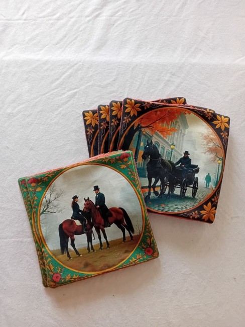 Lot de 6 essuie-tout lavables motif chevaux, cavaliers et calèche, aux couleurs vert, orange, doré et noir