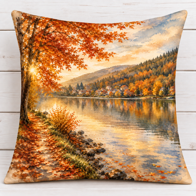 Housse de coussin velours imprimé Lac vosgien en automne 45x45 cm confectionnée à Gérardmer