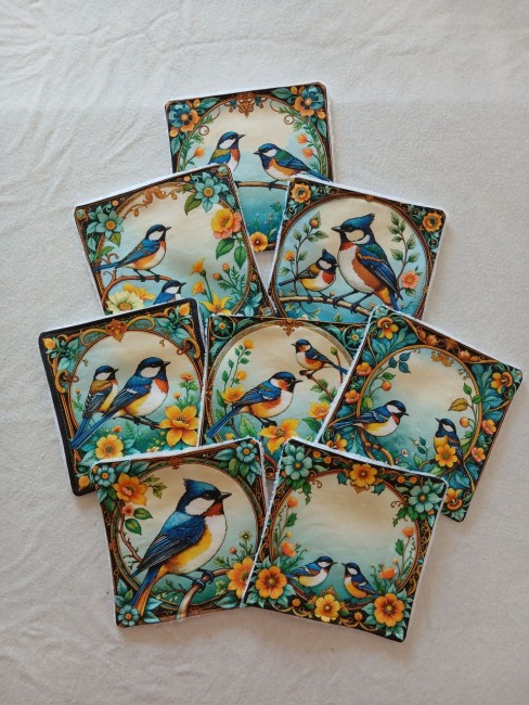 Lingettes démaquillantes lavables oiseaux et fleurs – lot de 8 en éponge bambou 