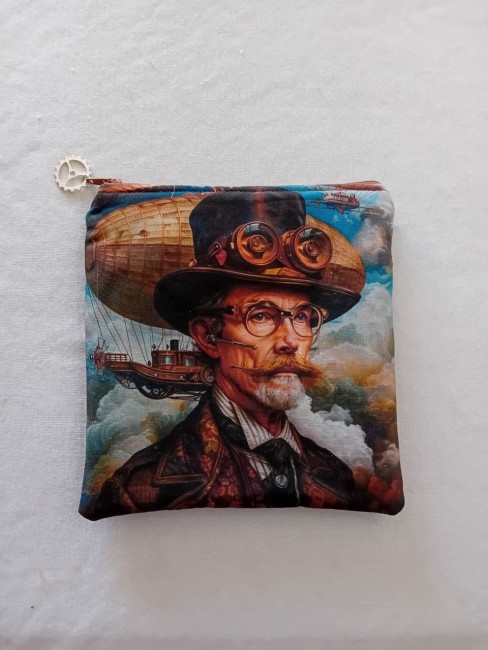 Trousse Steampunk en tissu imprimé et suédine marron avec fermeture zip