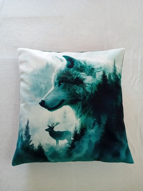 Housse de coussin fait main 45x45 cm, modèle unique et original en velours imprimé et tissu uni, fermeture portefeuille, de fabrication française