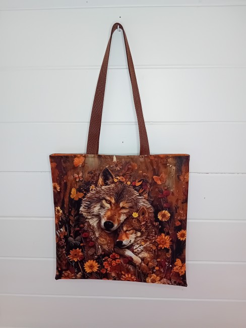 Tote bag artisanal Loups en automne, motif de deux loups entourés de fleurs, création artisanale dans les Vosges