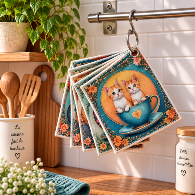 Lot de 6 essuie-tout lavables – Chat et tasse | Les Cabas en folie Lot de 6 essuie-tout lavables Chat et Tasse, 20x20 cm, suspendus dans une cuisine avec anneau ouvrable