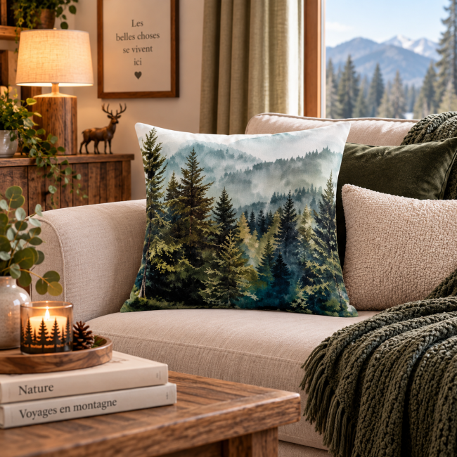 Housse de coussin Sapins des Vosges en velours 45x45 cm | Déco montagne | Les Cabas en folie Housse de coussin Forêt et sapins en velours 45x45 cm, mise en scène sur un canapé dans une décoration nature cocooning