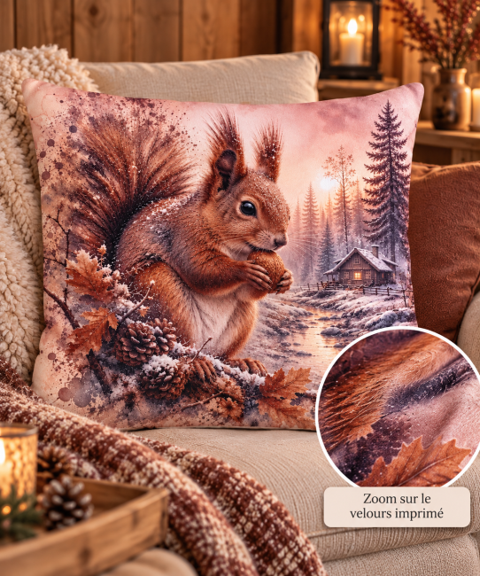 Zoom sur le velours imprimé ras et soyeux de la housse de coussin Écureuil et Chalet en hiver, détails du motif forestier enneigé.