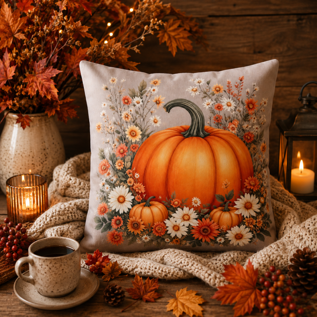 Housse Coussin Citrouille Fleurs Automne Velours 45x45 / Vosges Housse de coussin automnale citrouille et fleurs dans un salon chaleureux et cocooning