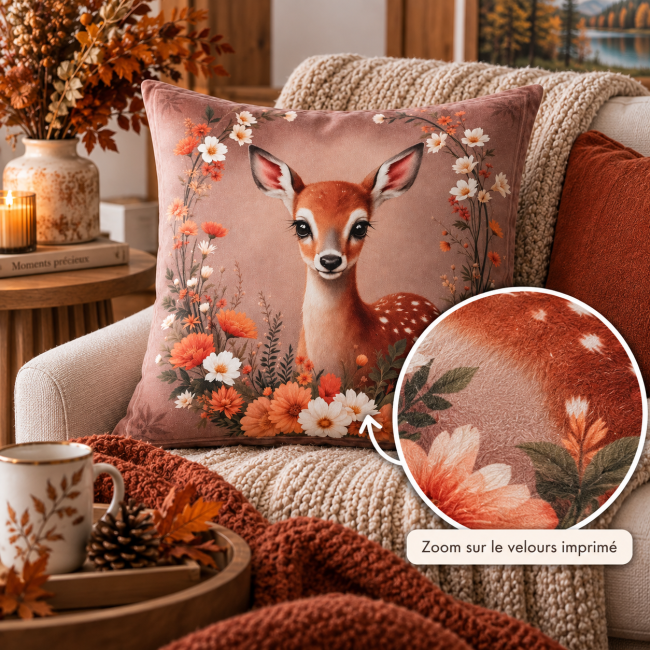 Zoom sur le velours imprimé de la housse de coussin Faon et fleurs d'automne