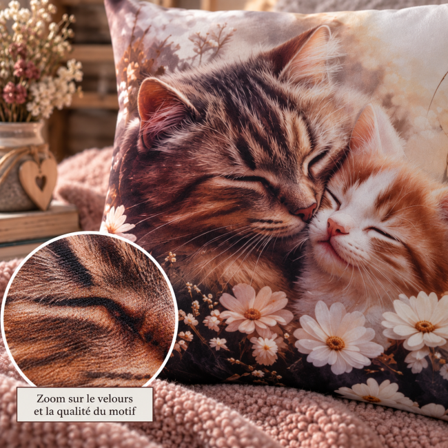 Zoom sur le velours imprimé de la housse de coussin Câlin de chat 45x45 cm