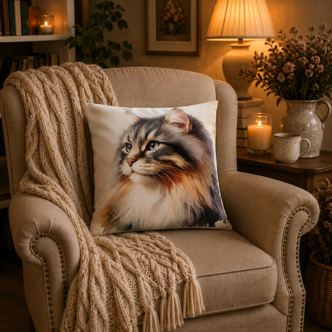 Housse de coussin Chat aquarelle en velours imprimé 45 × 45 cm