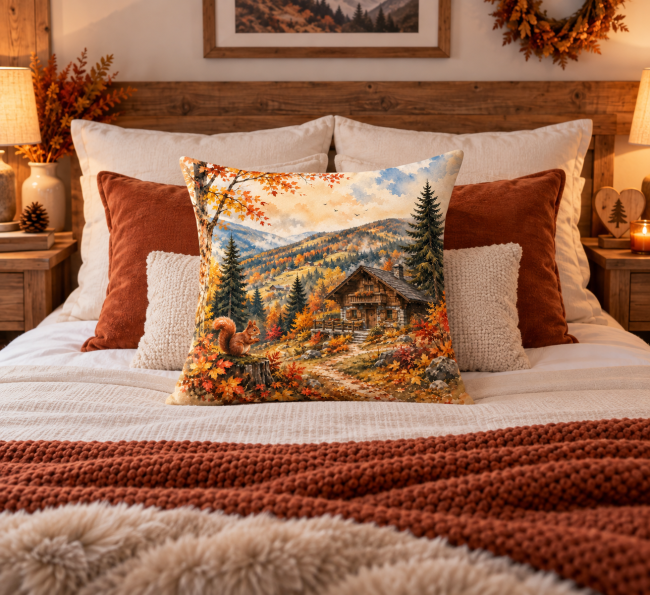 Housse de coussin Chalet en automne en velours dans une décoration chambre cocooning