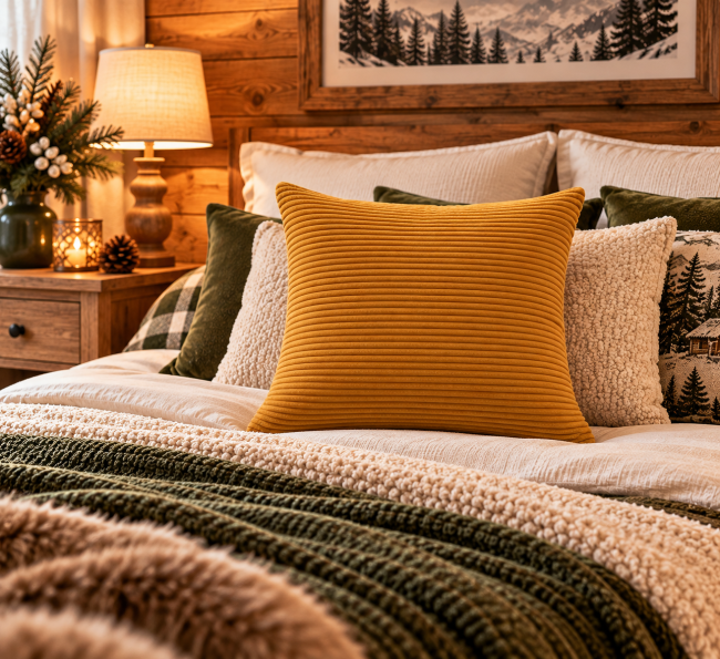 Housse de coussin ocre en velours côtelé (45x45 cm) | Déco Montagne Housse de coussin ocre en velours côtelé dans une décoration de lit esprit chalet, aux tons crème et naturels.