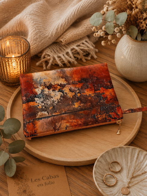 Trousse motif abstrait Terre d’Automne présentée dans une mise en scène déco aux tons chaleureux