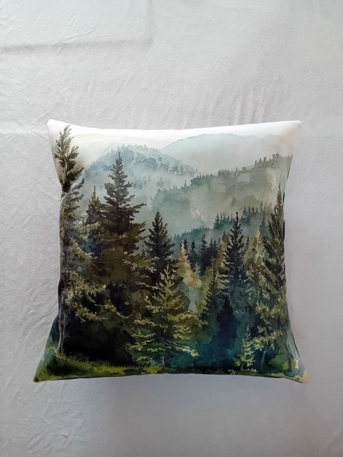 Housse de coussin en velours 45x45 cm avec sapins et paysage des Vosges – Confection des Vosges