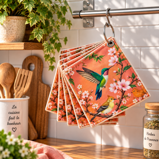 Lot de 6 essuie-tout lavables – Oiseaux et fleurs de cerisier | Les Cabas en folie Lot de 6 essuie-tout lavables Oiseau et fleurs de cerisier, 20x20 cm, suspendus dans une cuisine avec anneau ouvrable