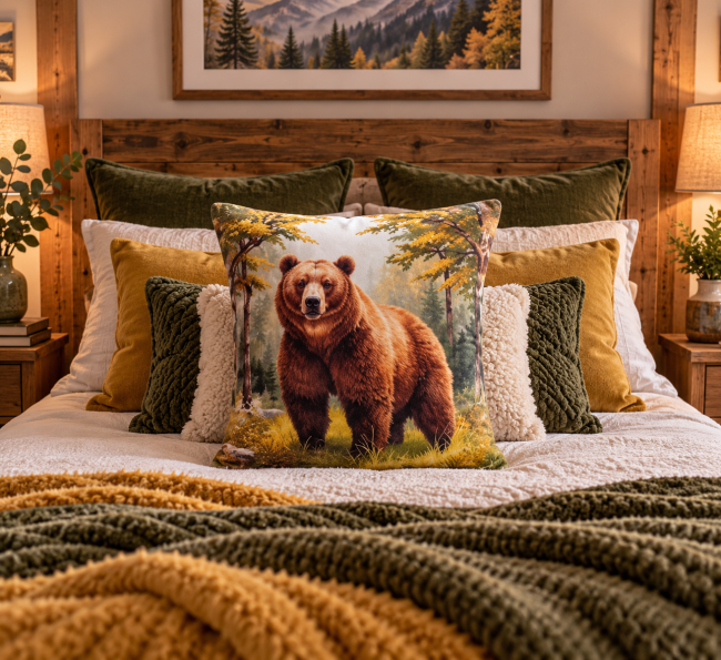 Housse de coussin Ours aquarelle en velours 45x45 cm, mise en scène sur un lit dans une décoration chalet rustique et chaleureuse