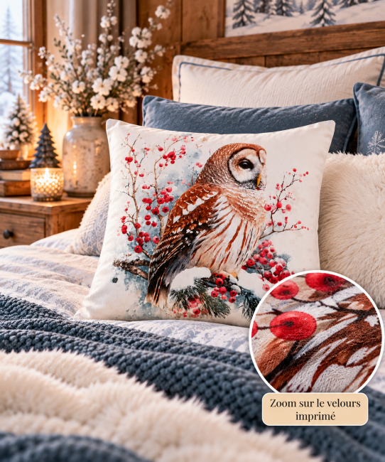 Housse de coussin Chouette et Baies Rouges en velours | Déco Montagne & chalet Zoom sur le velours ras et soyeux de la housse de coussin Chouette et Baies Rouges, détail du plumage de la chouette et des baies rouges imprimées.