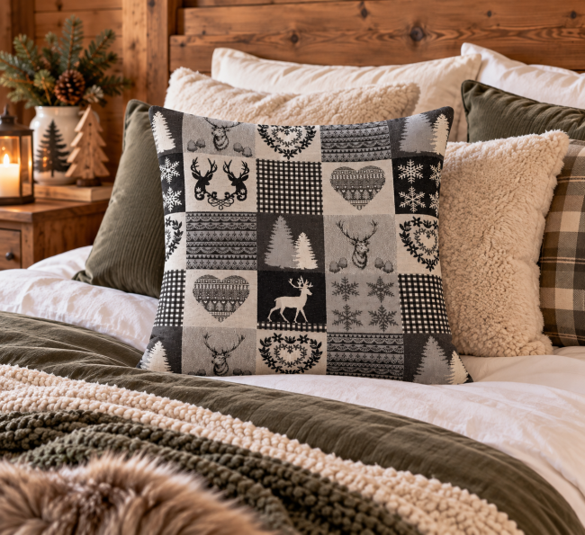 Housse de coussin Patchwork Montagne en jacquard 45x45 cm | Déco Chalet Housse de coussin Patchwork Montagne en jacquard gris et écru disposée sur un lit dans une chambre à l’ambiance chalet cocooning.