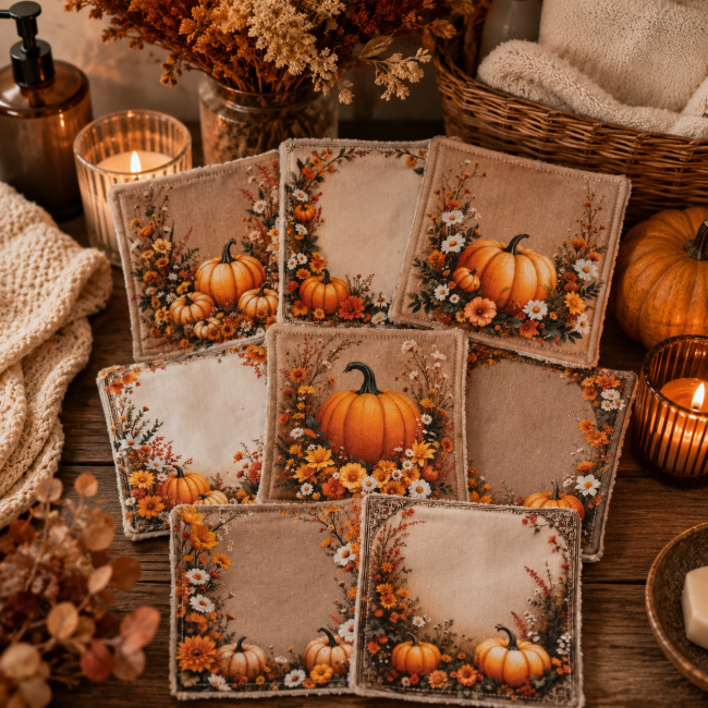 Lot de 8 lingettes démaquillantes lavables motif citrouilles présenté dans une mise en scène automnale
