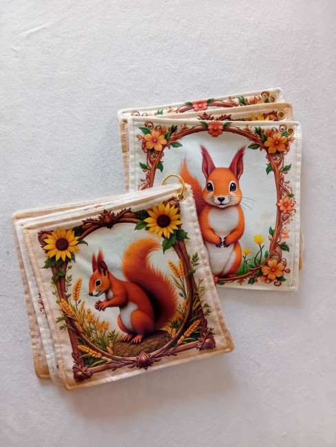Lot de 6 essuie-tout lavables – Écureuils et tournesols | Les Cabas en folie Lot de 6 essuie-tout lavables motif écureuils, tournesols et fleurs, en éponge bambou et coton imprimé