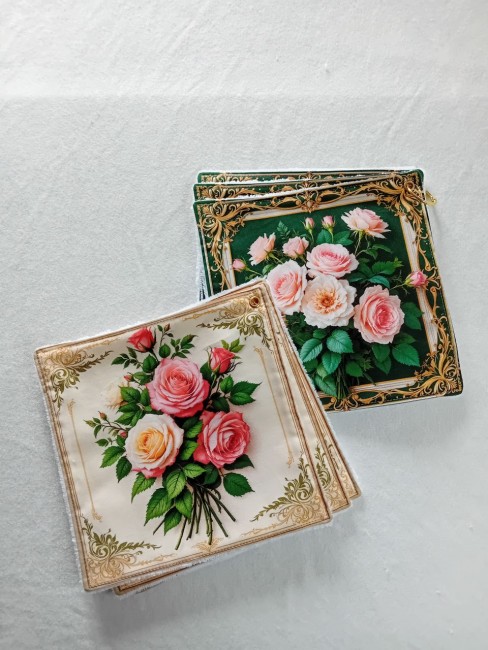 Lot de 6 essuie-tout lavables motifs bouquets de roses roses et rouges, en éponge bambou et coton imprimé
