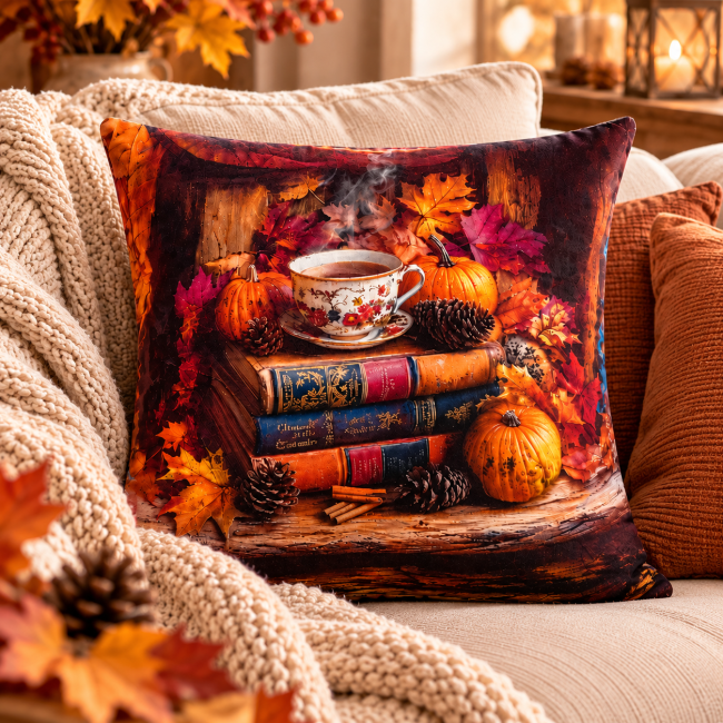 Housse de coussin d’automne en velours sur fauteuil, dans une décoration chaleureuse et cocooning